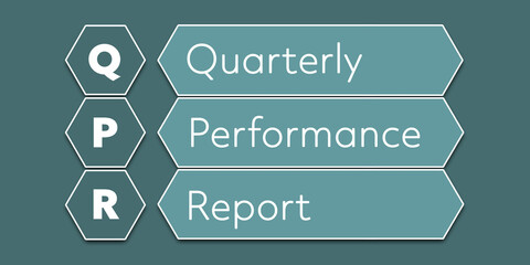QPR Quarterly Performance Report. An Acronym Abbreviation of a financial term. Illustration isolated on cyan blue green background