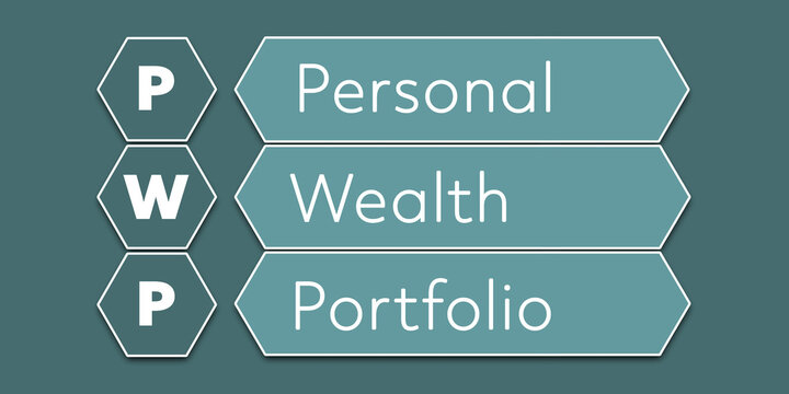 PWP Personal Wealth Portfolio. An Acronym Abbreviation of a financial term. Illustration isolated on cyan blue green background