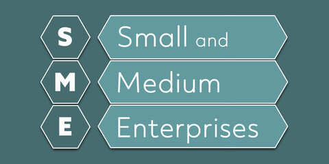 SME Small and Medium Enterprises. An Acronym Abbreviation of a financial term. Illustration isolated on cyan blue green background