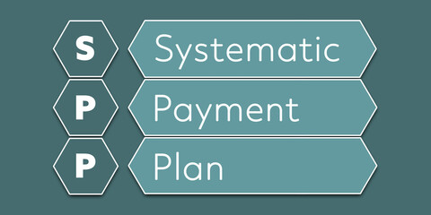 SPP Systematic Payment Plan. An Acronym Abbreviation of a financial term. Illustration isolated on cyan blue green background