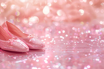 A pair of pink ballet slippers placed gracefully on a shimmering pink dance floor.