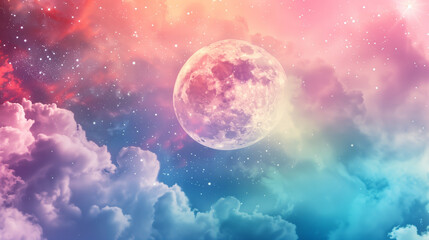 Majestic cosmic scene with vibrant pink moon and nebula clouds