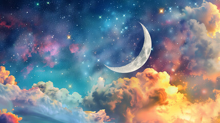 Crescent moon with colorful clouds and stars, mystical and vibrant night sky