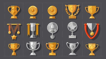 Collection of golden, silver and bronze medals, cups and badges vector flat illustration Set of trophy or awards for winners isolated Metal symbols of success, championship and triumph