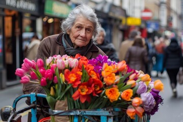 An elderly female flower seller gazes attentively on a bustling city street, her bicycle filled with vibrant tulips