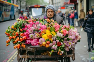 An elderly person sells a vibrant assortment of flowers from a wooden cart on a busy street