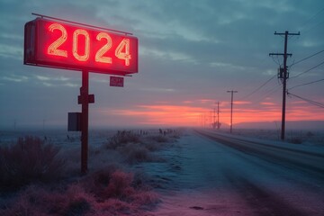 Neon text 2024 on sign next to road before dawn