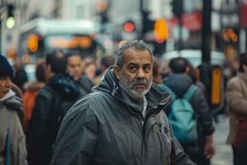 A bearded man observes his surroundings amidst a crowd on an urban street during the daytime