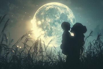Silhouette of a mother and child on the background of the moon.