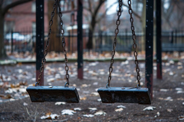 A pair of empty swings in a deserted playground.