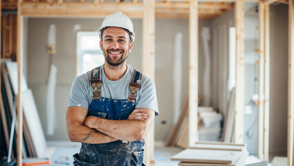 Happy construction worker wearing a hardhat working in a home, house renovation and builder concept - obrazy, fototapety, plakaty