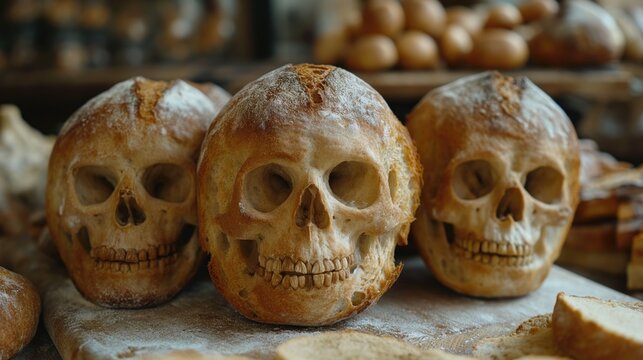Fresh and crusty bread in the shape of a skull. Created with generative AI.