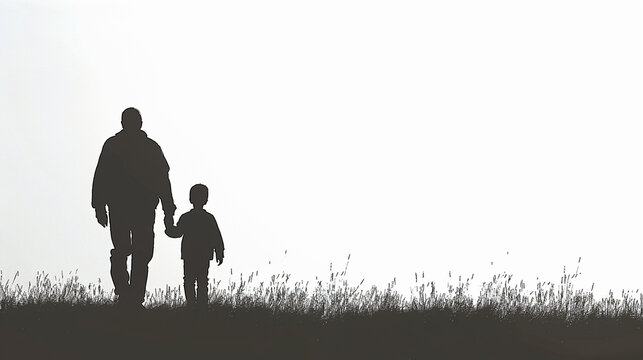 Black and white silhouettes of a father and son walking.