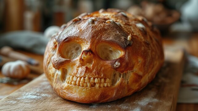 Fresh and crusty bread in the shape of a skull. Created with generative AI. - Powered by Adobe