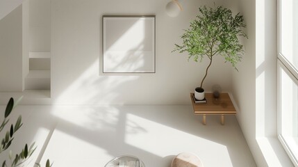 Frame neck-up, white-walled home interior, 3d render