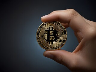 A person holding a physical Bitcoin coin against a digital background.