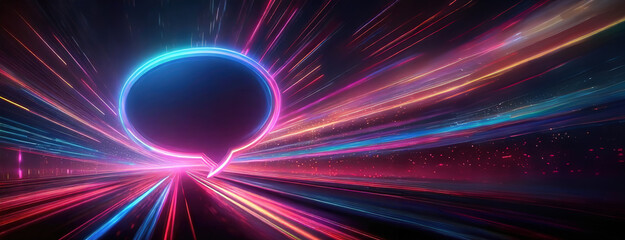 Dynamic neon light speech bubble against a vivid digital space background, symbolizing communication. Panorama with copy space.