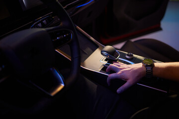 Selector automatic transmission with leather in the interior of a modern expensive car. The...