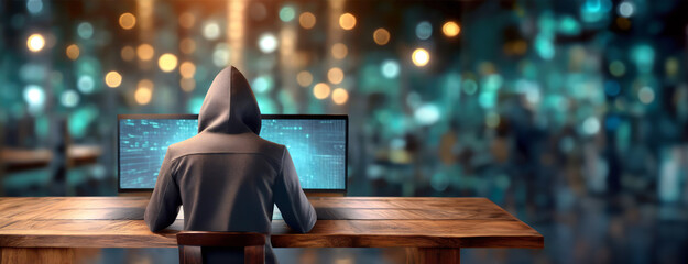 A hooded figure works at multiple computer screens, symbolizing the modern digital age's anonymity and cybersecurity concerns. Digital world.