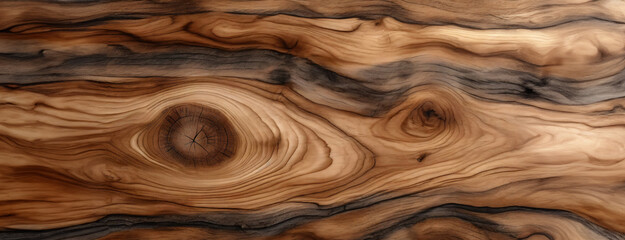 Natural wood texture showing detailed grain and organic patterns in brown tones. Panorama with copy space.