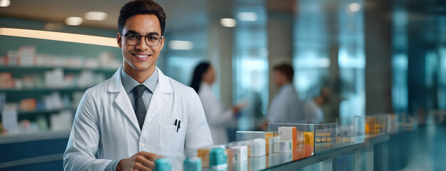 Friendly male pharmacist in a modern pharmacy, smiling and holding a product. Panorama with copy space.