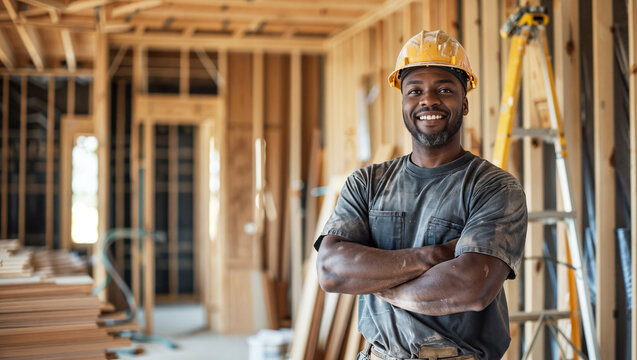 Happy black man construction worker wearing a hardhat working in a home, house renovation and builder concept