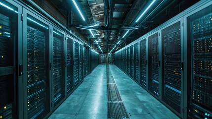 Fototapeta premium Server racks in server room data center. Created with Generative AI.