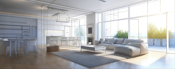 Home architecture interior project building or renovation refurbishment and restoration contractor service, mixed realistic and structural drawing wireframe line as wide banner