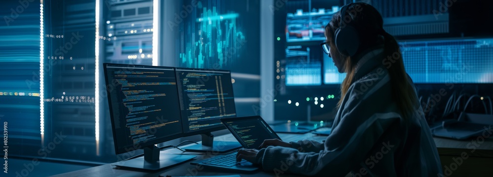 Poster An IT specialist in a data center works at a laptop, actively analyzing and improving network settings to optimize the speed and security of data transfer. Wide banner. High quality photo