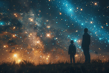 Obraz premium Man looking at beautiful milky way galaxy.