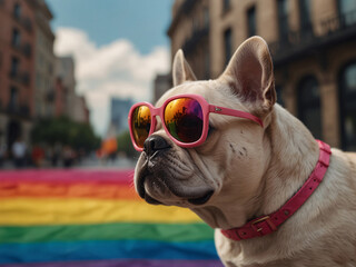 Pride month parade and a French Bulldog wearing a fancy pink sunglasses all against a backdrop of the LGBTQ movement rainbow flag and a big cityscape