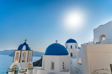 Blue domes of Oia village on Santorini island. Greece