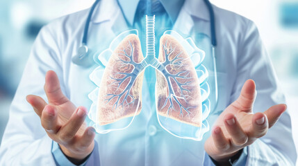 Doctor holding of lungs hologram