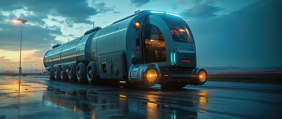 futuristic electric truck on highway. Created with Generative AI.