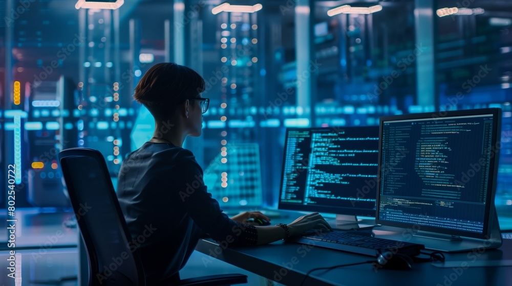 Poster An IT specialist in the control center in the data center is actively monitoring and analyzing the operation of the network infrastructure, looking for ways to optimize it and increase performance