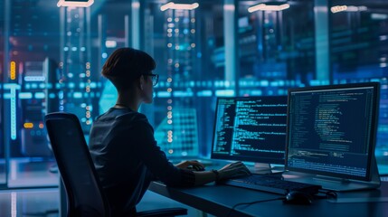 An IT specialist in the control center in the data center is actively monitoring and analyzing the operation of the network infrastructure, looking for ways to optimize it and increase performance