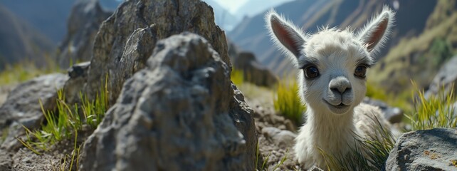 Naklejka premium Llama (Alpaca) in Andes,Mountains. Created with Generative AI.