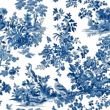 French toile repeating design, blue floral seamless pattern