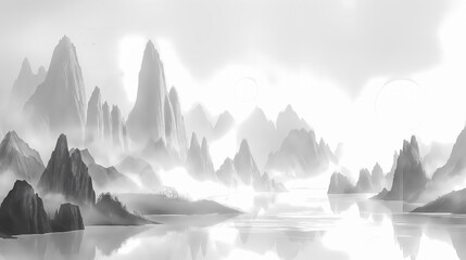 Fantasy landscape with mountains and lake. 3d rendering illustration.
