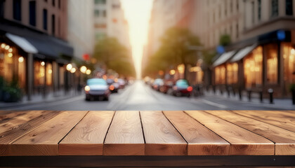 The empty wooden table top with blur background of street in downtown business district with people...