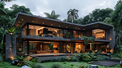 Obraz premium Modern Glass House, Contemporary luxury Home Exterior