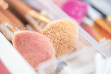Detail of a makeup kit. Soft-colored brushes can be seen in focus in the foreground