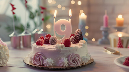Elegant Illumination: Festive Decorative Candle "9" on a Birthday Cake