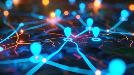 Digital GPS, neon map pin location.  Innovation navigation technology concept, network connection, information pointers