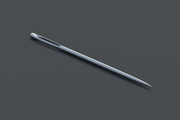 Metal needle for sewing on gray background. Tailor tool. 3d render