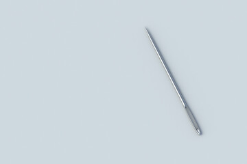 Needle for sewing on gray background. Tailor tool. Top view. Copy space. 3d render