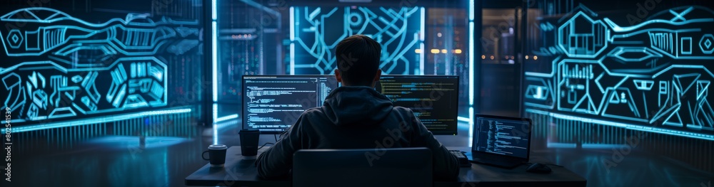 Fototapete In the IT data center, the manager is responsible for developing and implementing data backup and recovery strategies, ensuring the reliability and availability of information. Wide Banner Format
