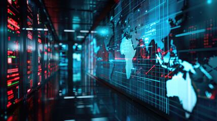 Digital world map combined with server rooms. Background for technologies. Server rooms.