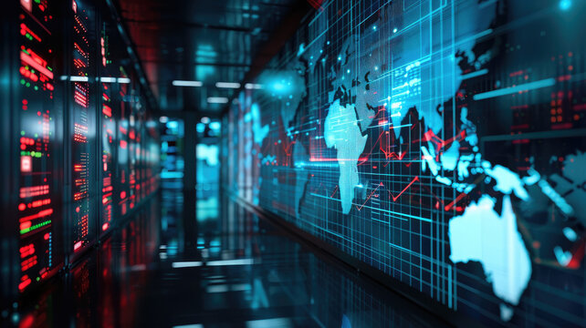 Digital world map combined with server rooms. Background for technologies. Server rooms.