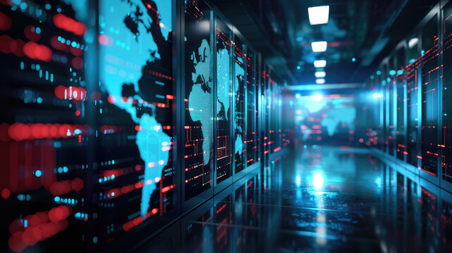 Digital world map combined with server rooms. Background for technologies. Server rooms.